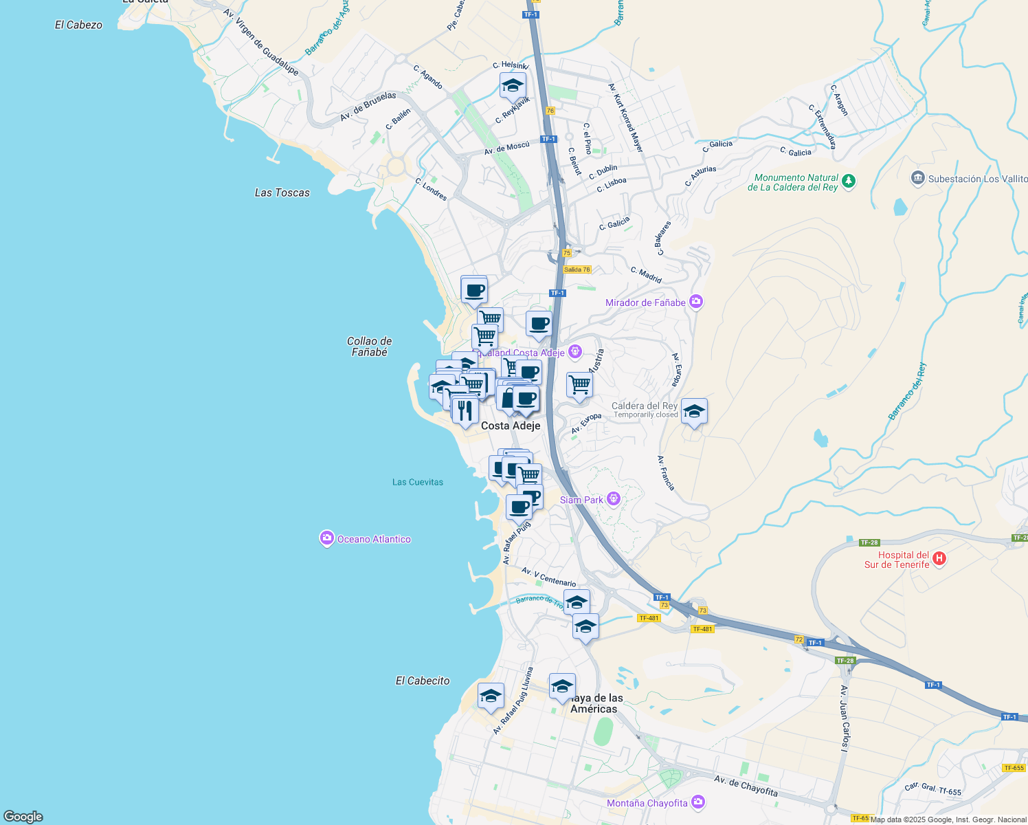 map of restaurants, bars, coffee shops, grocery stores, and more near 20 Avenida de los Pueblos in Costa Adeje