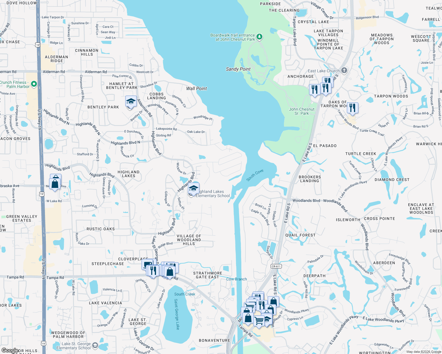 map of restaurants, bars, coffee shops, grocery stores, and more near 3856 Tarian Court in Palm Harbor