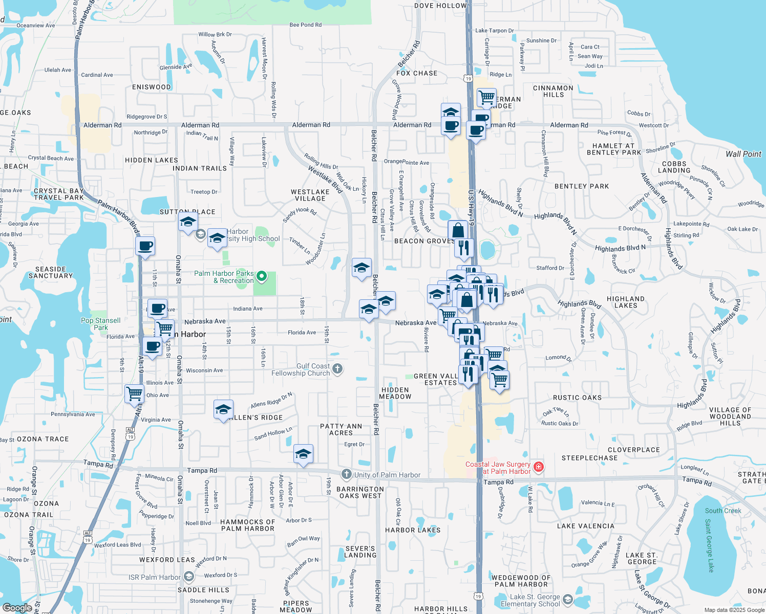 map of restaurants, bars, coffee shops, grocery stores, and more near 1212 Belcher Road in Palm Harbor