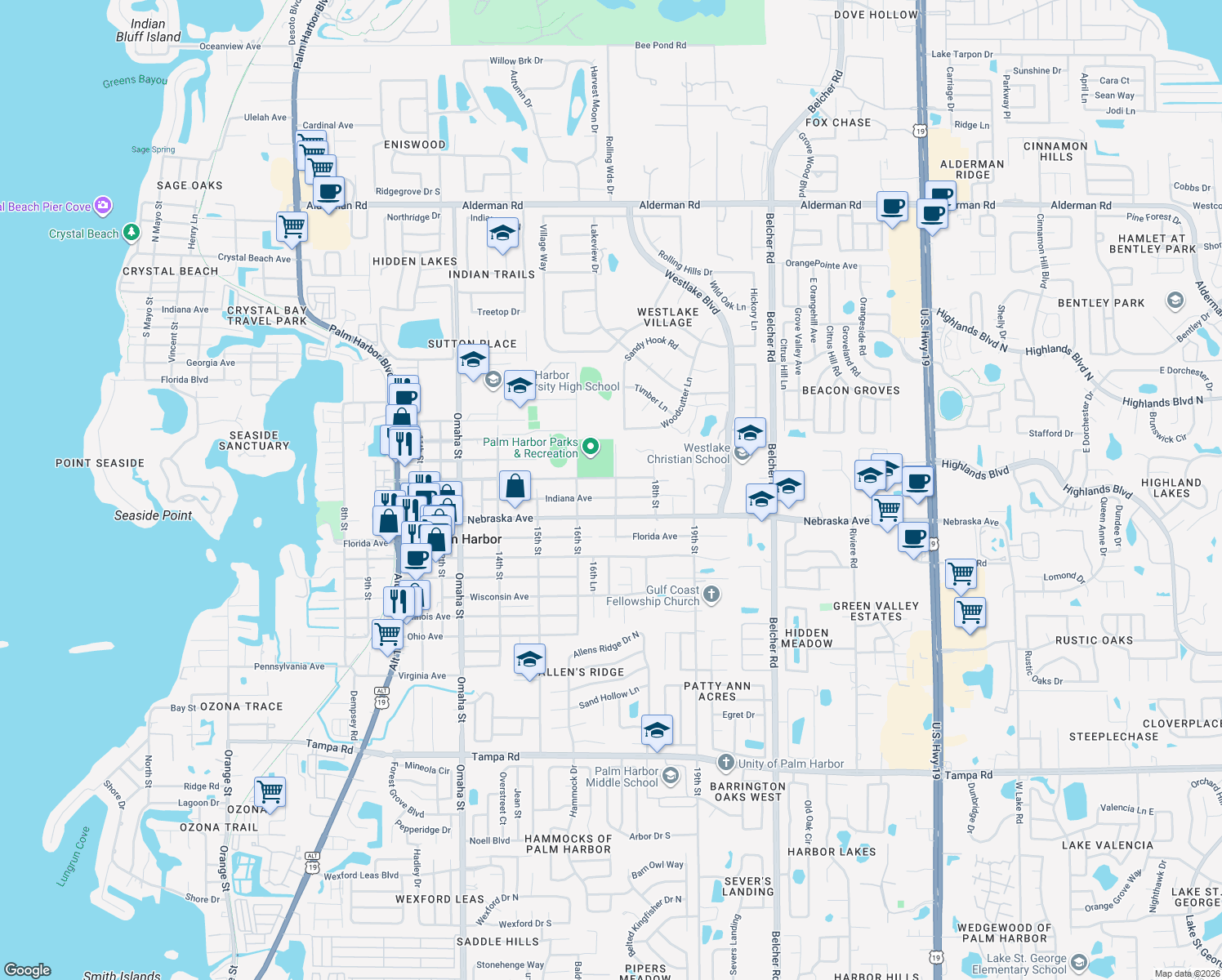 map of restaurants, bars, coffee shops, grocery stores, and more near 1630-1634 Indiana Avenue in Palm Harbor