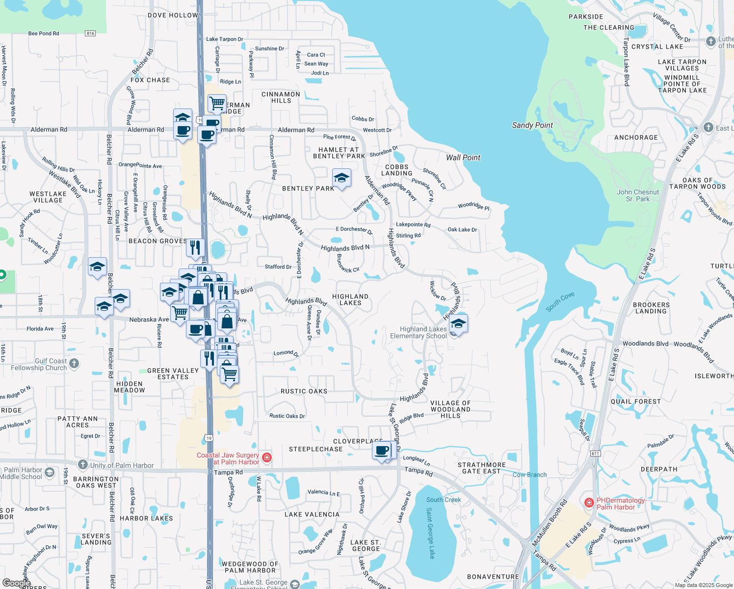 map of restaurants, bars, coffee shops, grocery stores, and more near 3276 Hilary Circle in Palm Harbor