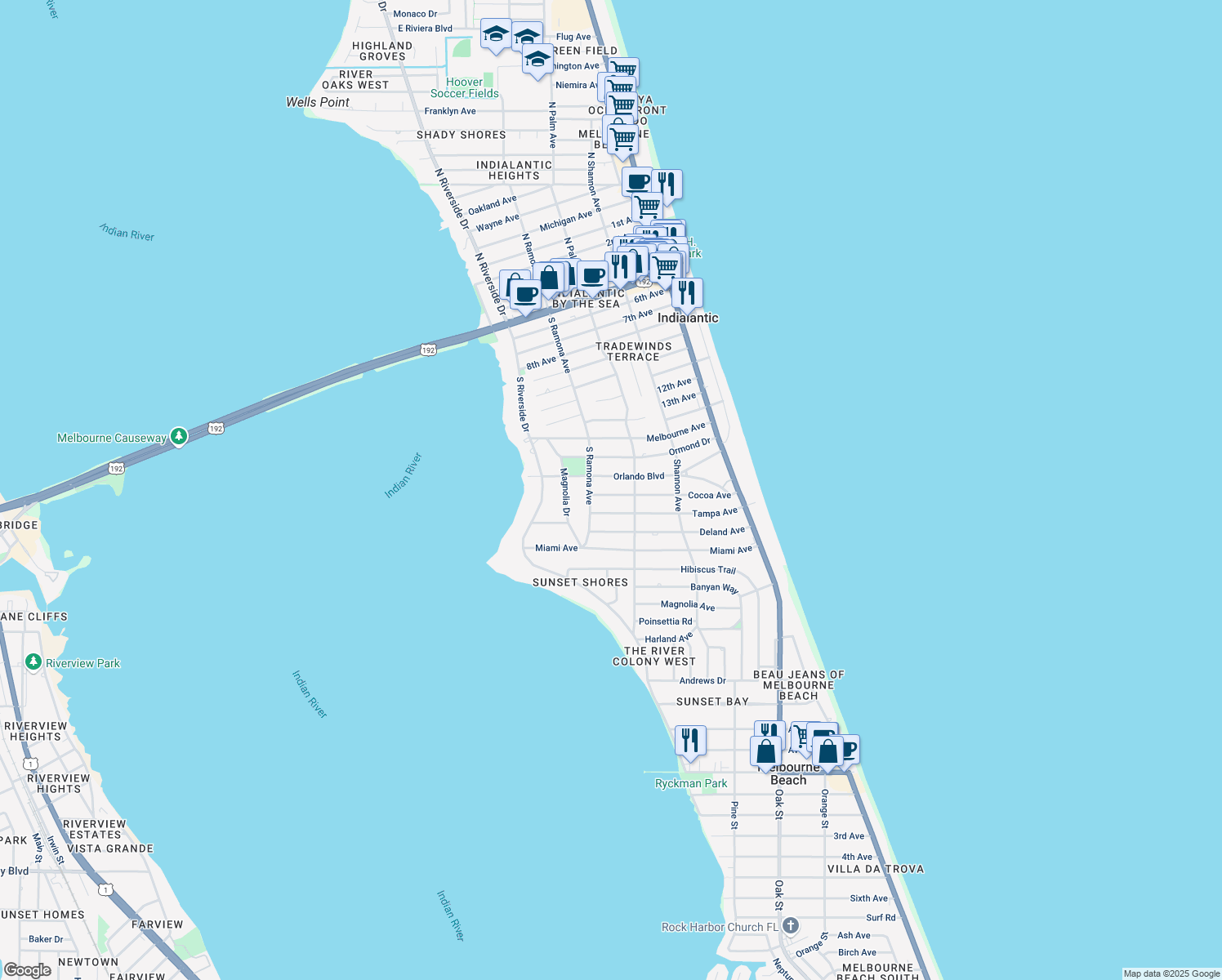 map of restaurants, bars, coffee shops, grocery stores, and more near 320 Cocoa Avenue in Indialantic