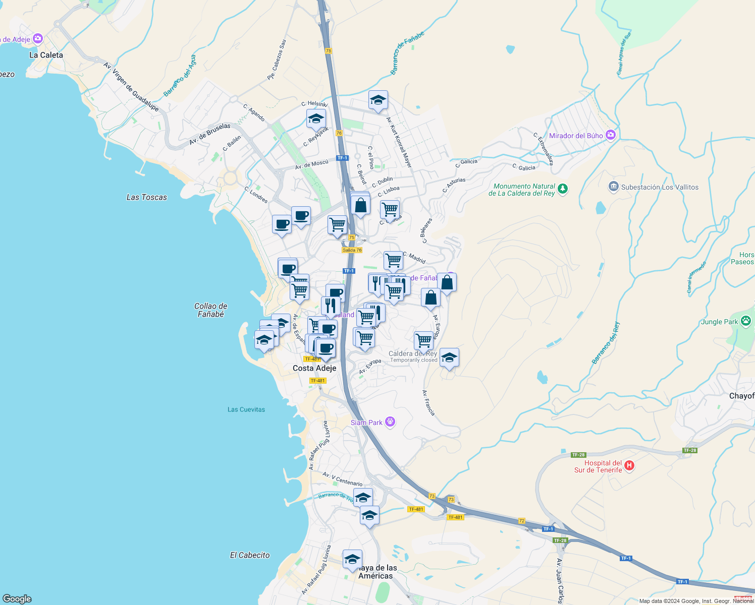 map of restaurants, bars, coffee shops, grocery stores, and more near 1 Calle País Vasco in Adeje