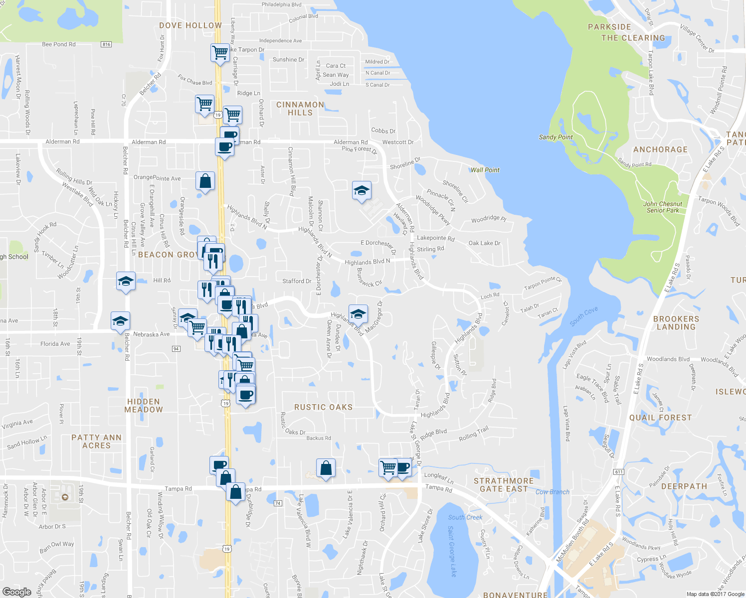 map of restaurants, bars, coffee shops, grocery stores, and more near 1635 Glengarry Dr in Palm Harbor