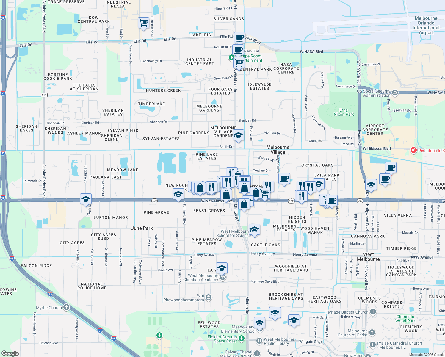 map of restaurants, bars, coffee shops, grocery stores, and more near 7376 Livingstone Ln in Melbourne