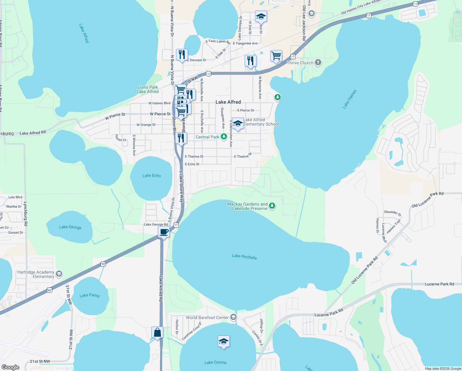 map of restaurants, bars, coffee shops, grocery stores, and more near Mackay Boulevard in Lake Alfred