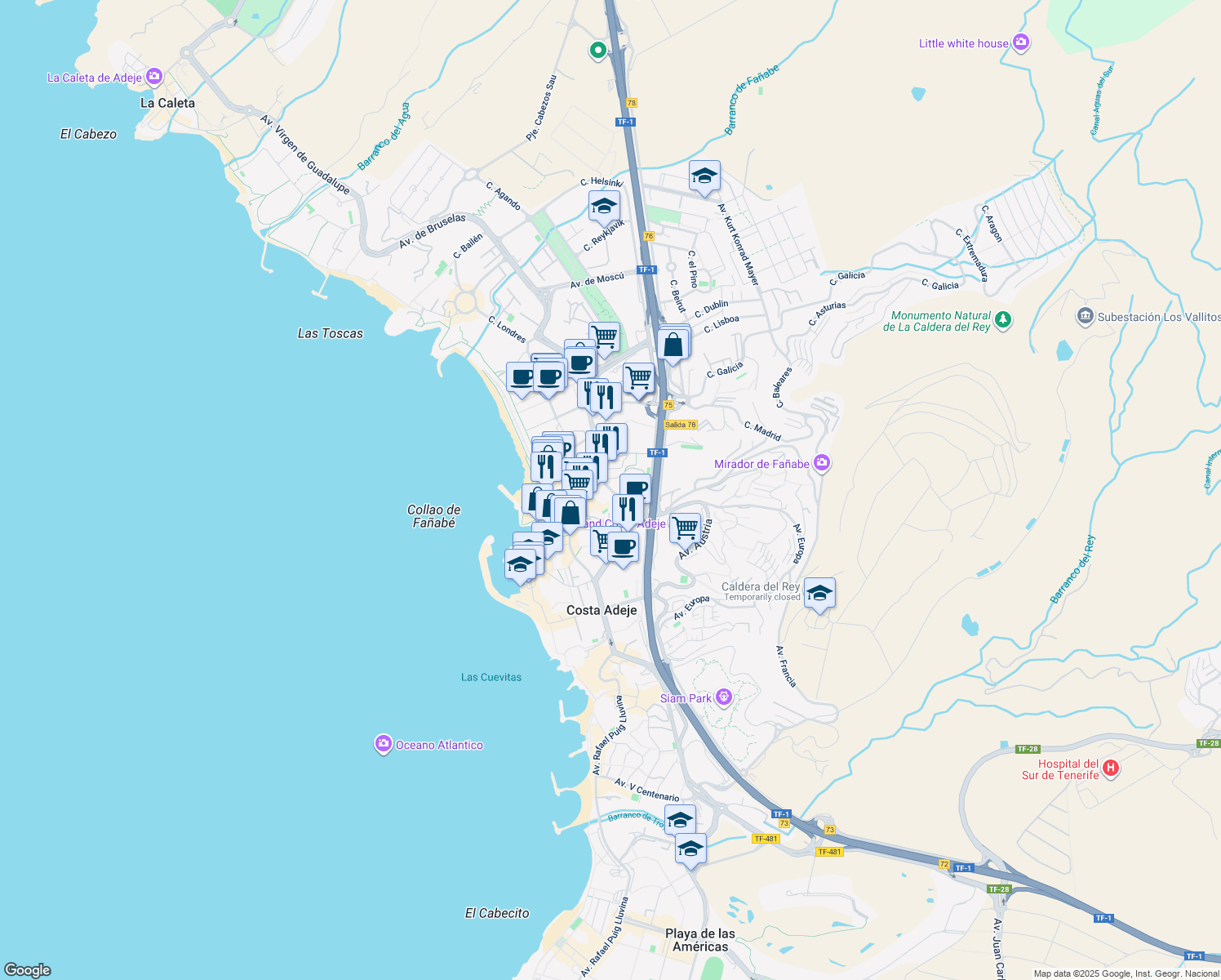 map of restaurants, bars, coffee shops, grocery stores, and more near Calle Antonio Navarro in Costa Adeje