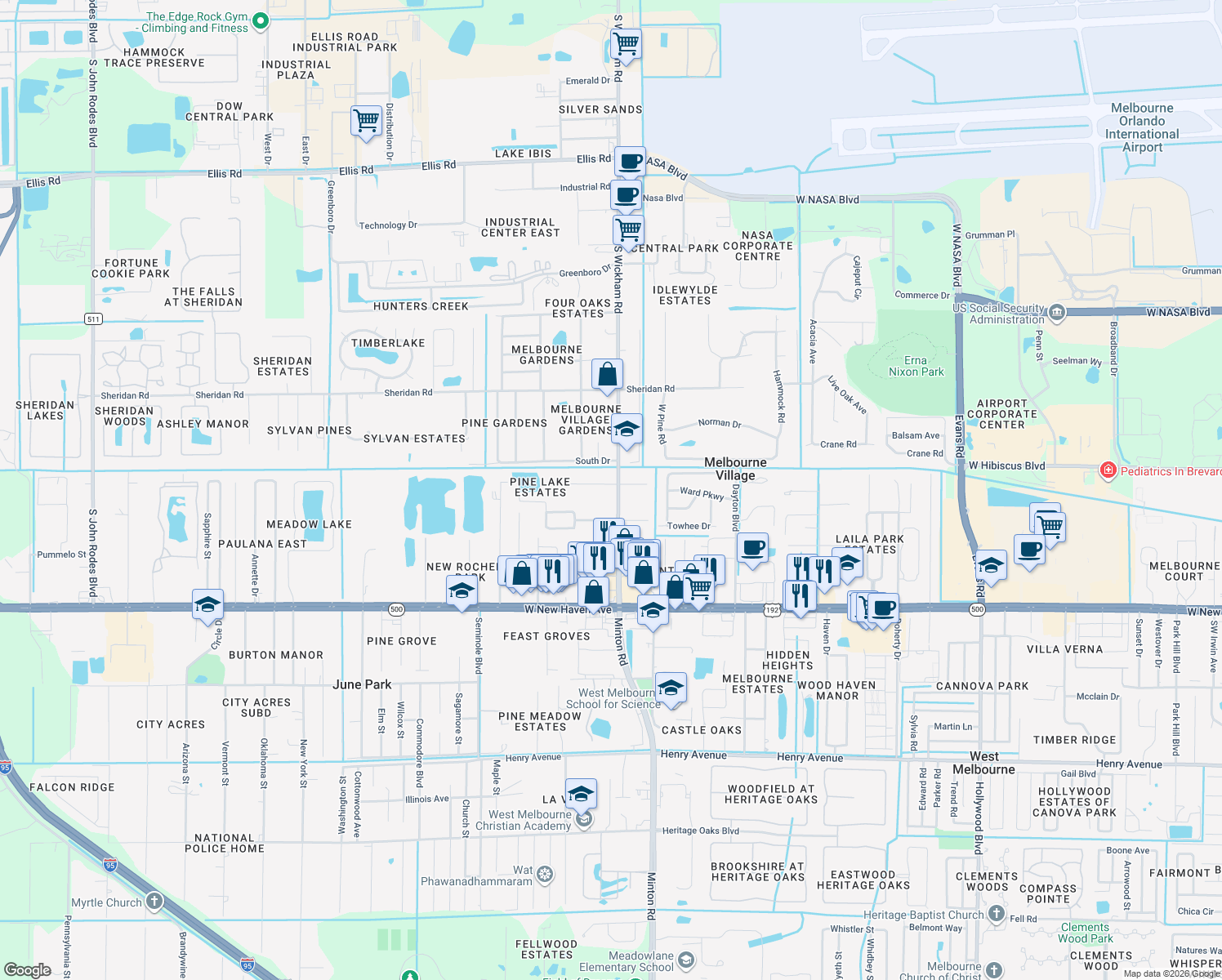 map of restaurants, bars, coffee shops, grocery stores, and more near 1420 South Wickham Road in West Melbourne