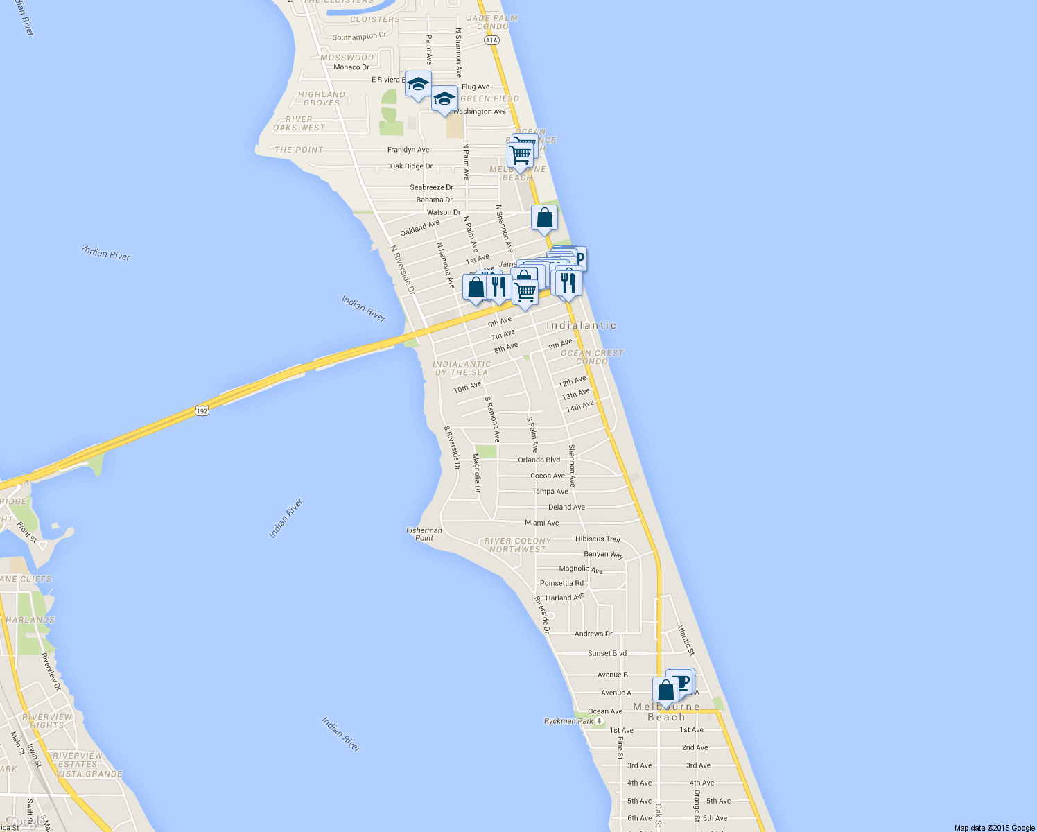 map of restaurants, bars, coffee shops, grocery stores, and more near 305 12th Terrace in Indialantic