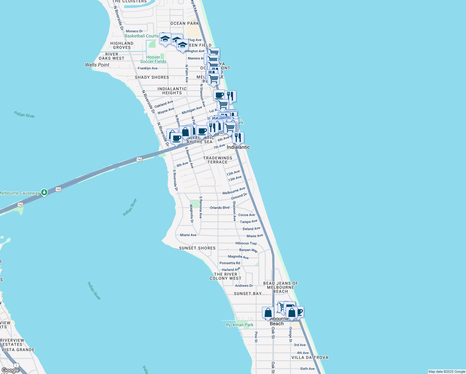 map of restaurants, bars, coffee shops, grocery stores, and more near 1001 Shannon Avenue in Indialantic