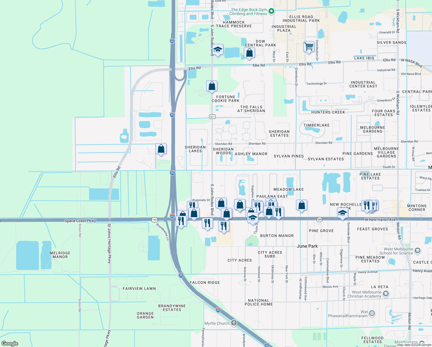 map of restaurants, bars, coffee shops, grocery stores, and more near 1515 South John Rodes Boulevard in Melbourne