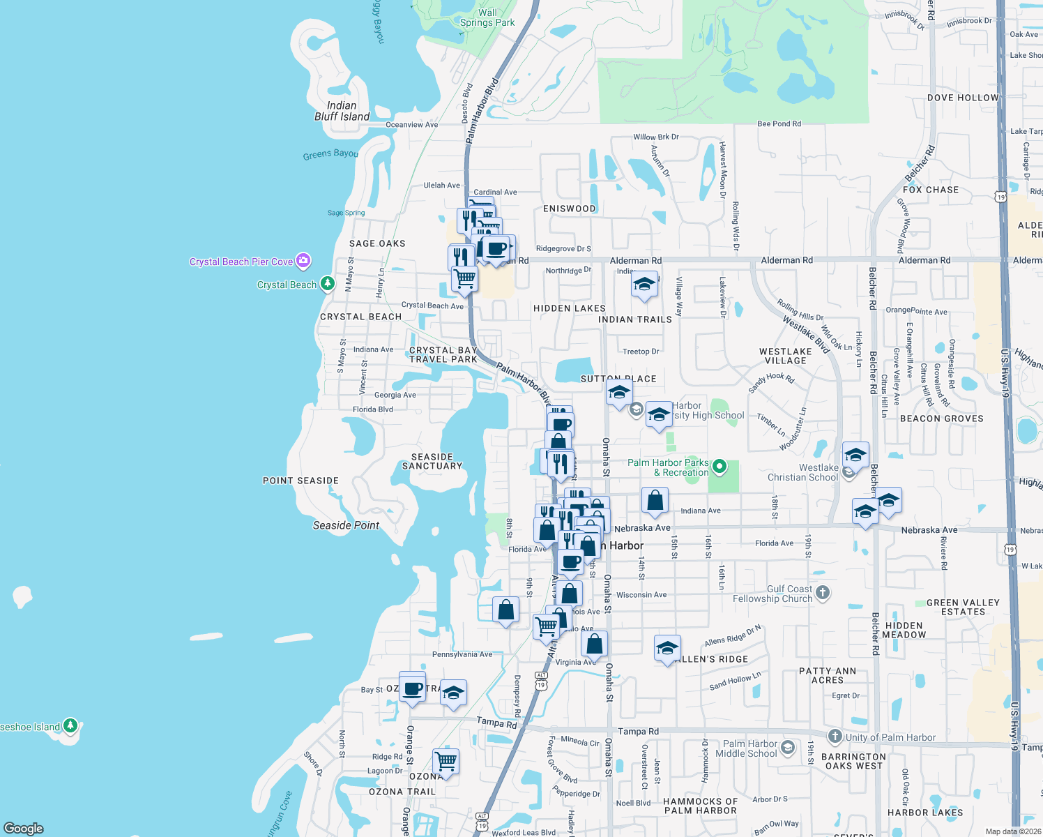 map of restaurants, bars, coffee shops, grocery stores, and more near 1820 Sutherland Drive in Palm Harbor
