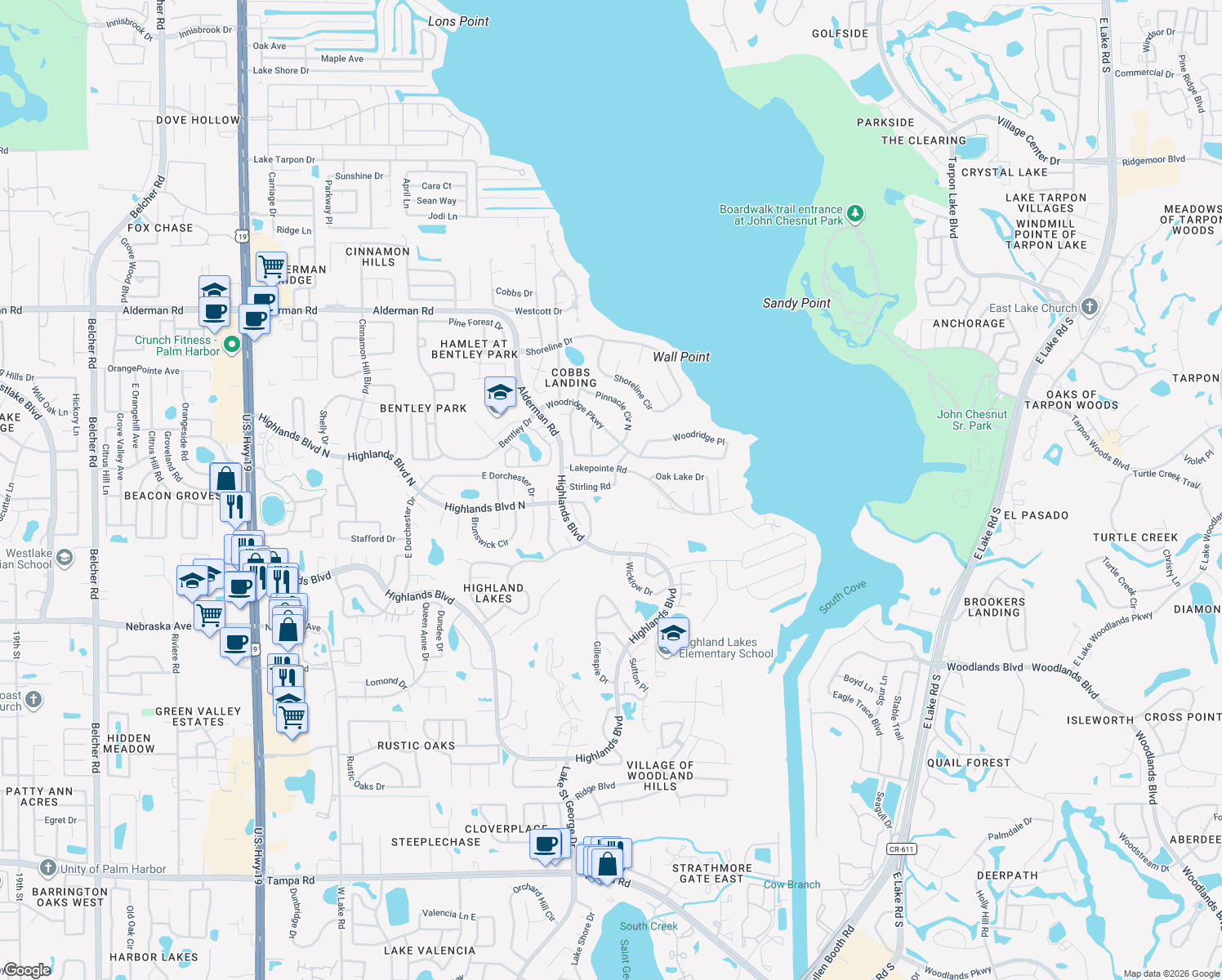 map of restaurants, bars, coffee shops, grocery stores, and more near 3444 Stirling Road in Palm Harbor