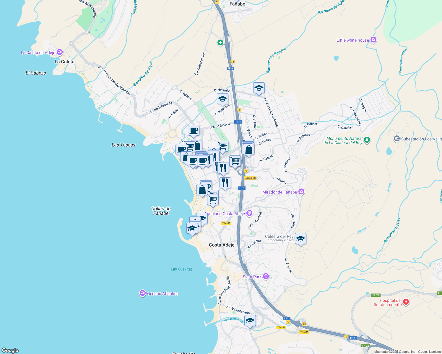 map of restaurants, bars, coffee shops, grocery stores, and more near 4 Avenida Ernesto Sarti in Costa Adeje