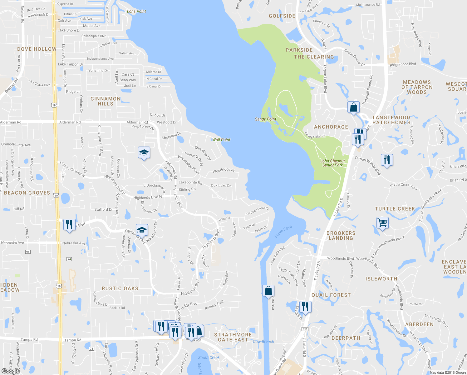 map of restaurants, bars, coffee shops, grocery stores, and more near 3569 Oak Lake Drive in Palm Harbor
