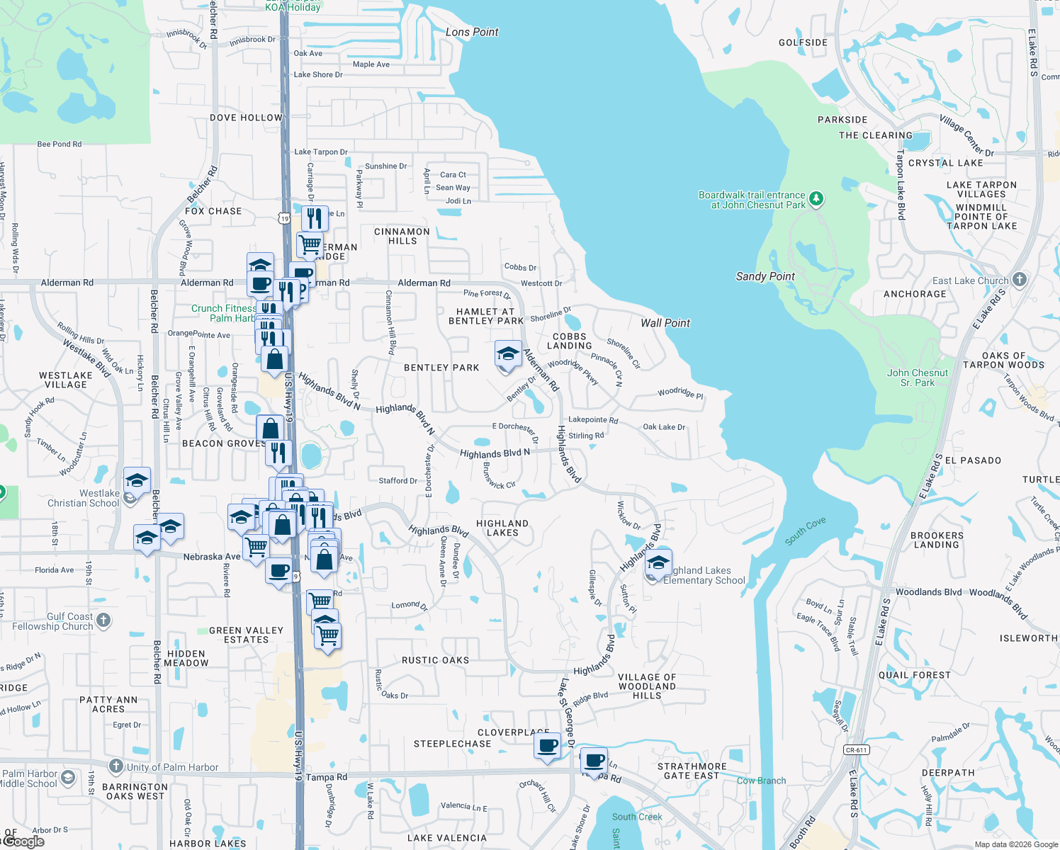 map of restaurants, bars, coffee shops, grocery stores, and more near 3305 East Dorchester Drive in Palm Harbor