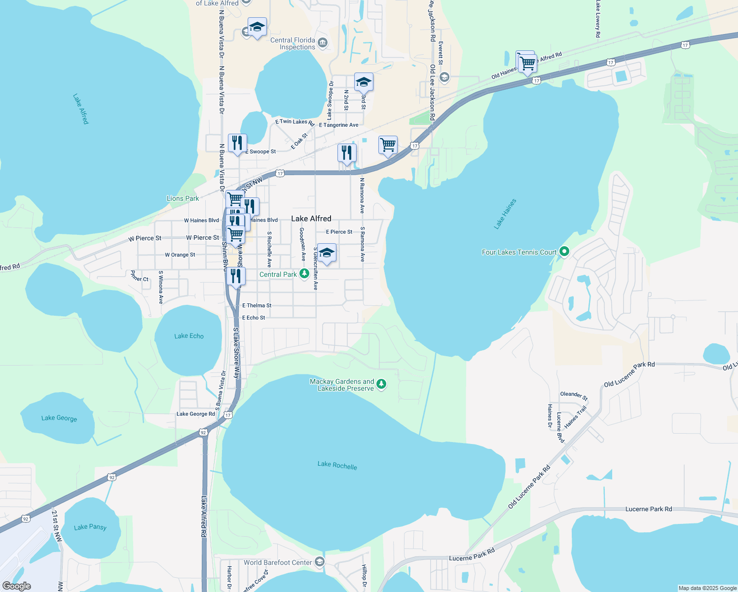 map of restaurants, bars, coffee shops, grocery stores, and more near 650 South Ramona Avenue in Lake Alfred