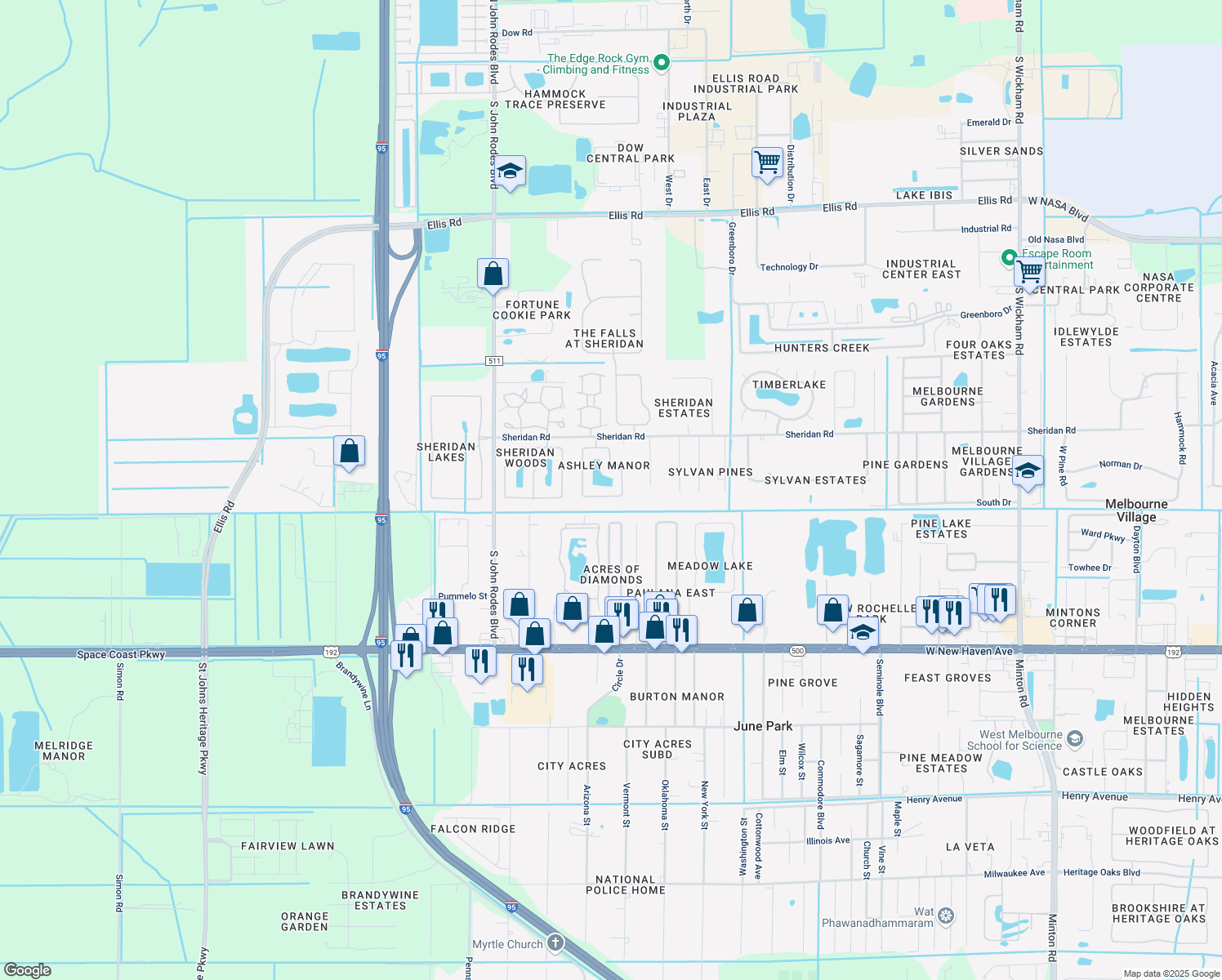 map of restaurants, bars, coffee shops, grocery stores, and more near 581 Lake Ashley Circle in Melbourne