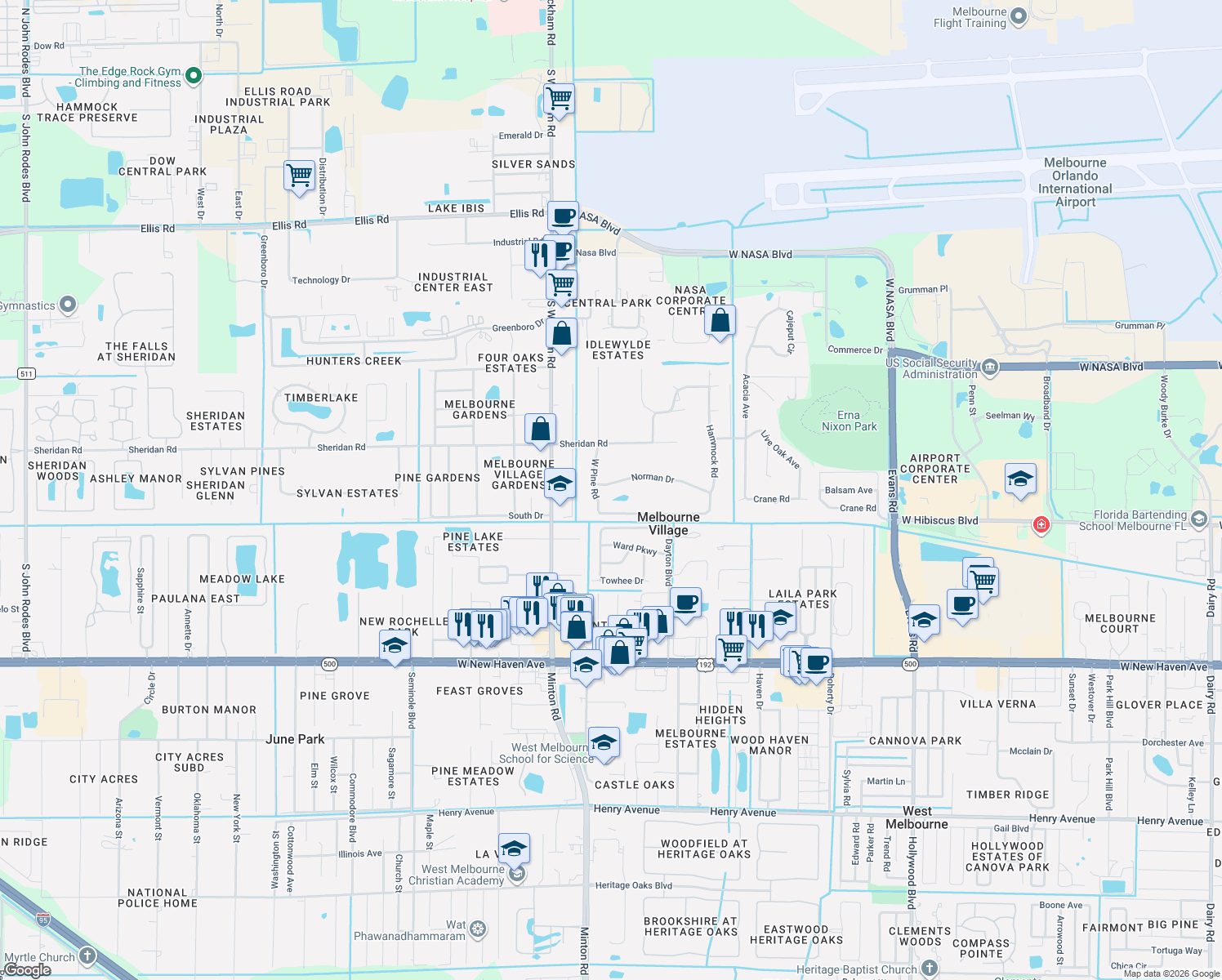 map of restaurants, bars, coffee shops, grocery stores, and more near 6831 Norman Drive in Melbourne
