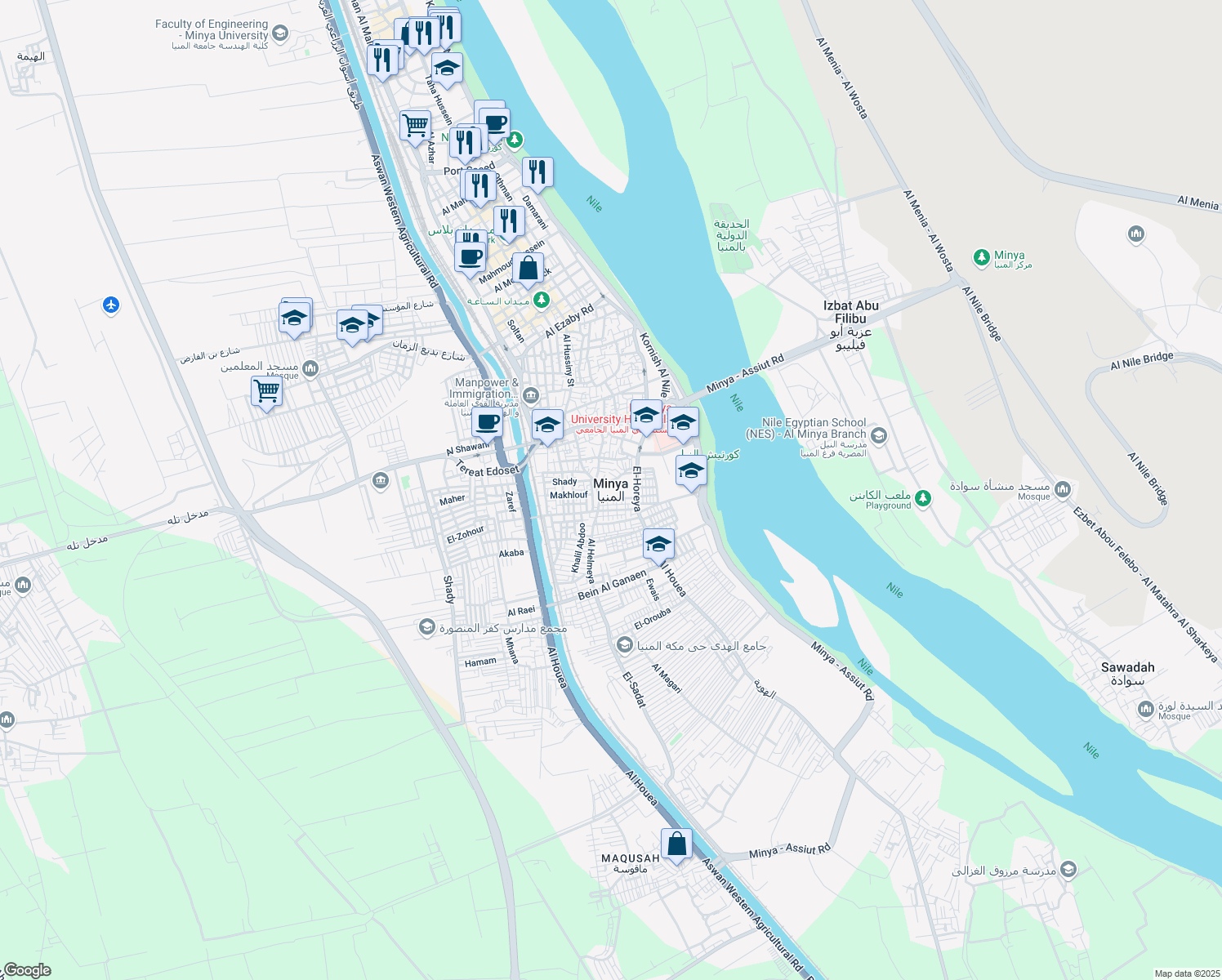 map of restaurants, bars, coffee shops, grocery stores, and more near in Minya