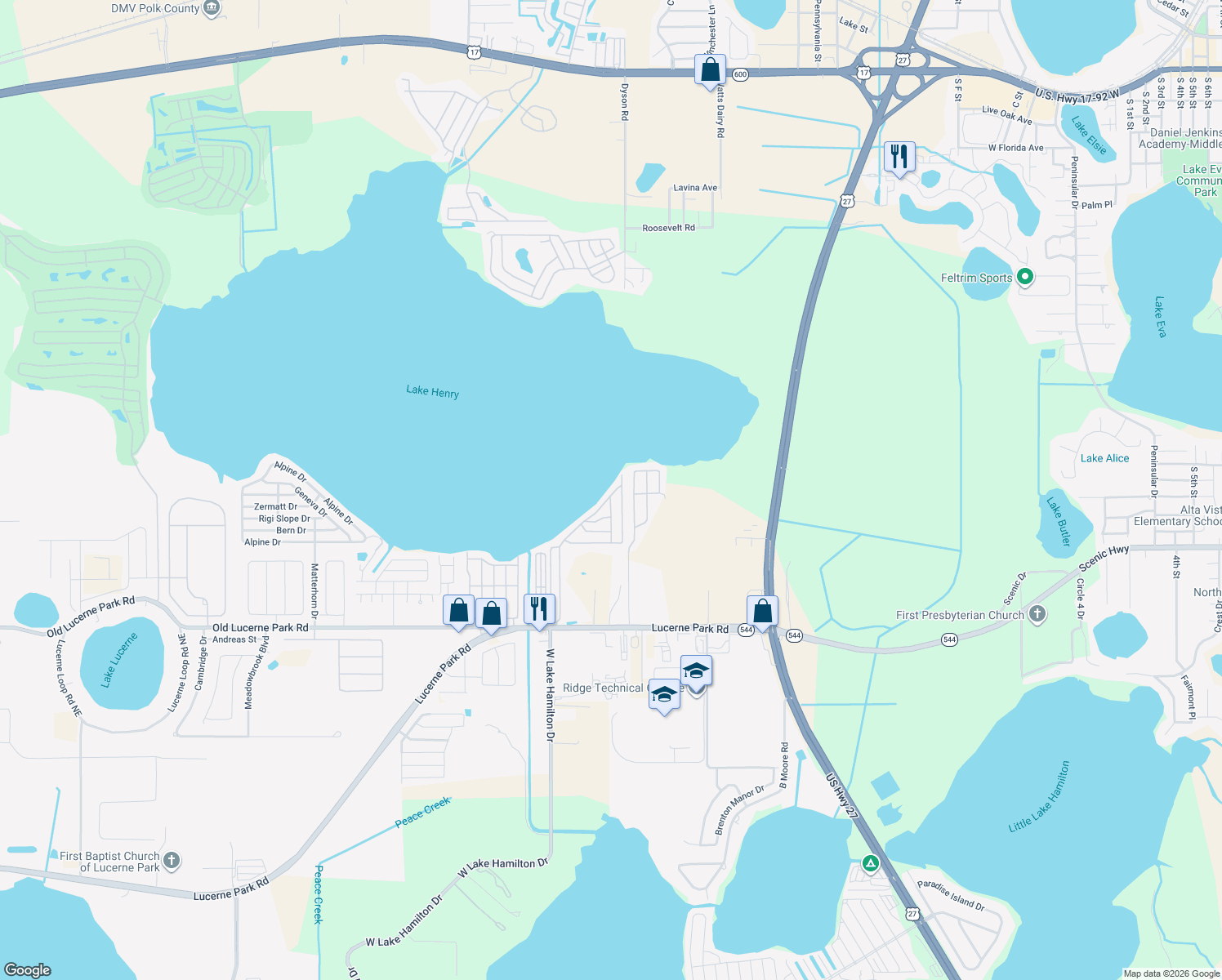 map of restaurants, bars, coffee shops, grocery stores, and more near 490 Lakeside Ranch Circle in Winter Haven