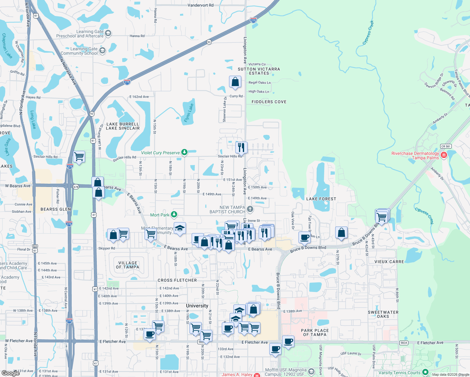 map of restaurants, bars, coffee shops, grocery stores, and more near 14905 North 24th Street in Lutz
