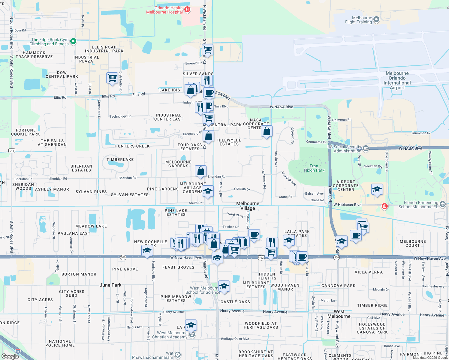 map of restaurants, bars, coffee shops, grocery stores, and more near 588 West Pine Road in Melbourne