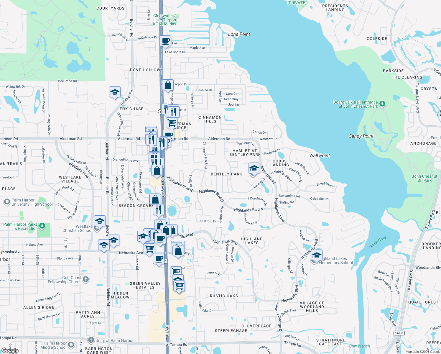 map of restaurants, bars, coffee shops, grocery stores, and more near 2952 Shannon Circle in Palm Harbor