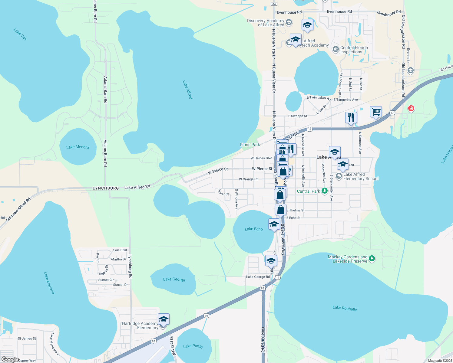 map of restaurants, bars, coffee shops, grocery stores, and more near 660 West Orange Street in Lake Alfred