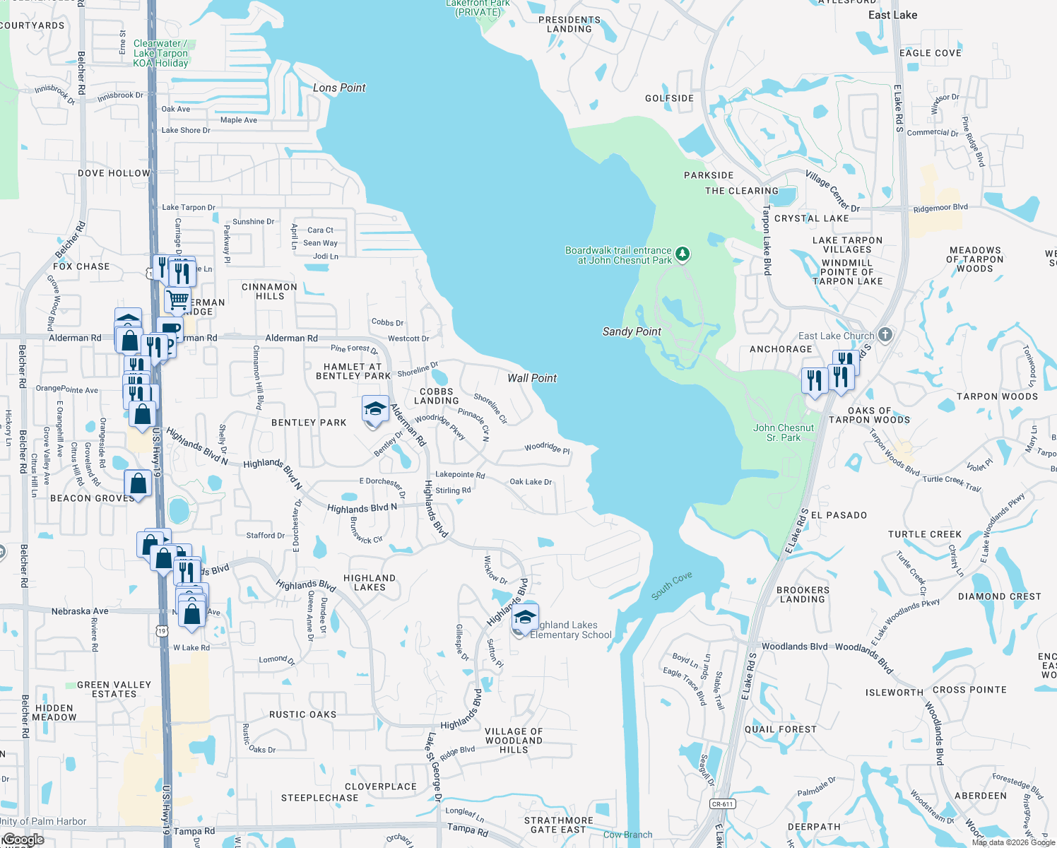 map of restaurants, bars, coffee shops, grocery stores, and more near 3522 Shoreline Circle in Palm Harbor