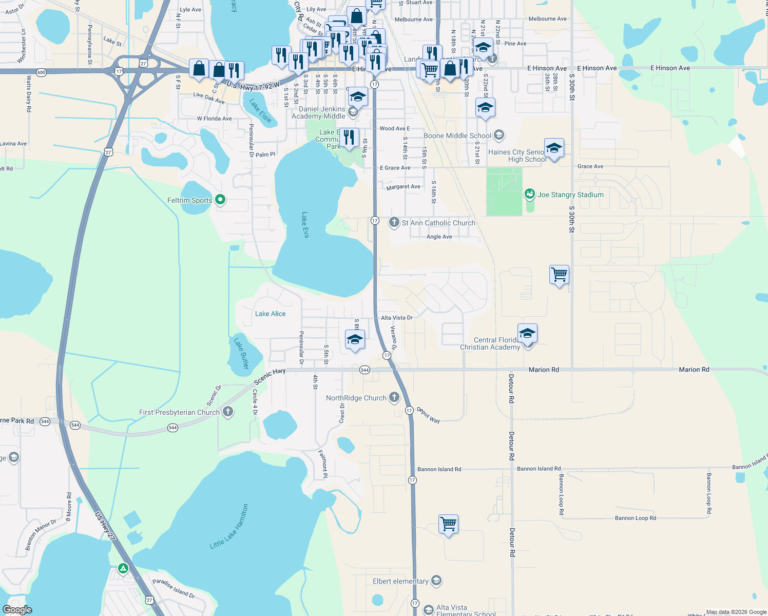 map of restaurants, bars, coffee shops, grocery stores, and more near 1005 Aqua Vista Court in Haines City