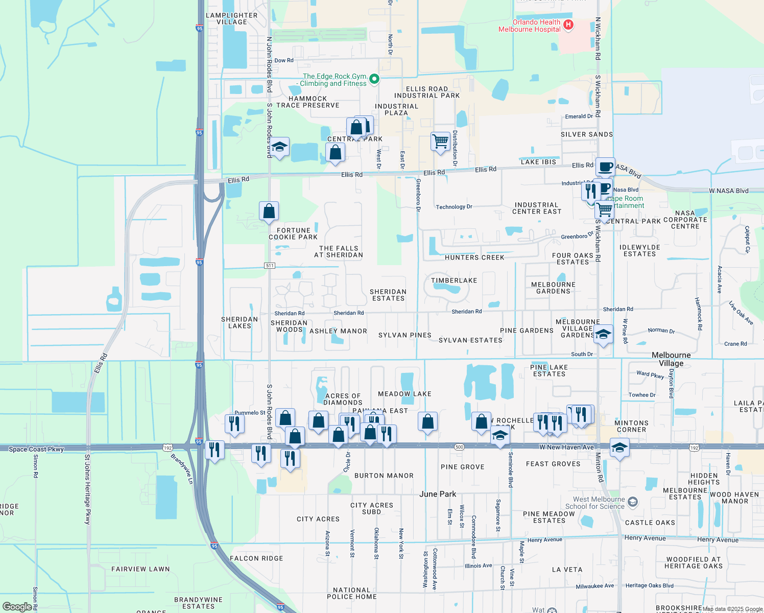 map of restaurants, bars, coffee shops, grocery stores, and more near 8730 Sheridan Road in Melbourne