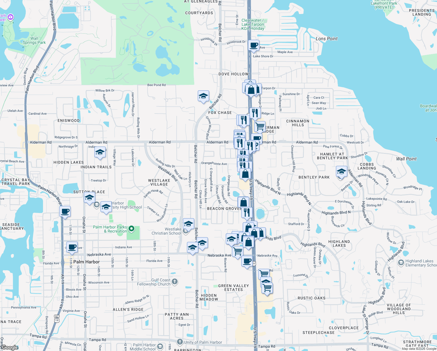 map of restaurants, bars, coffee shops, grocery stores, and more near 2333 Citrus Hill Road in Palm Harbor