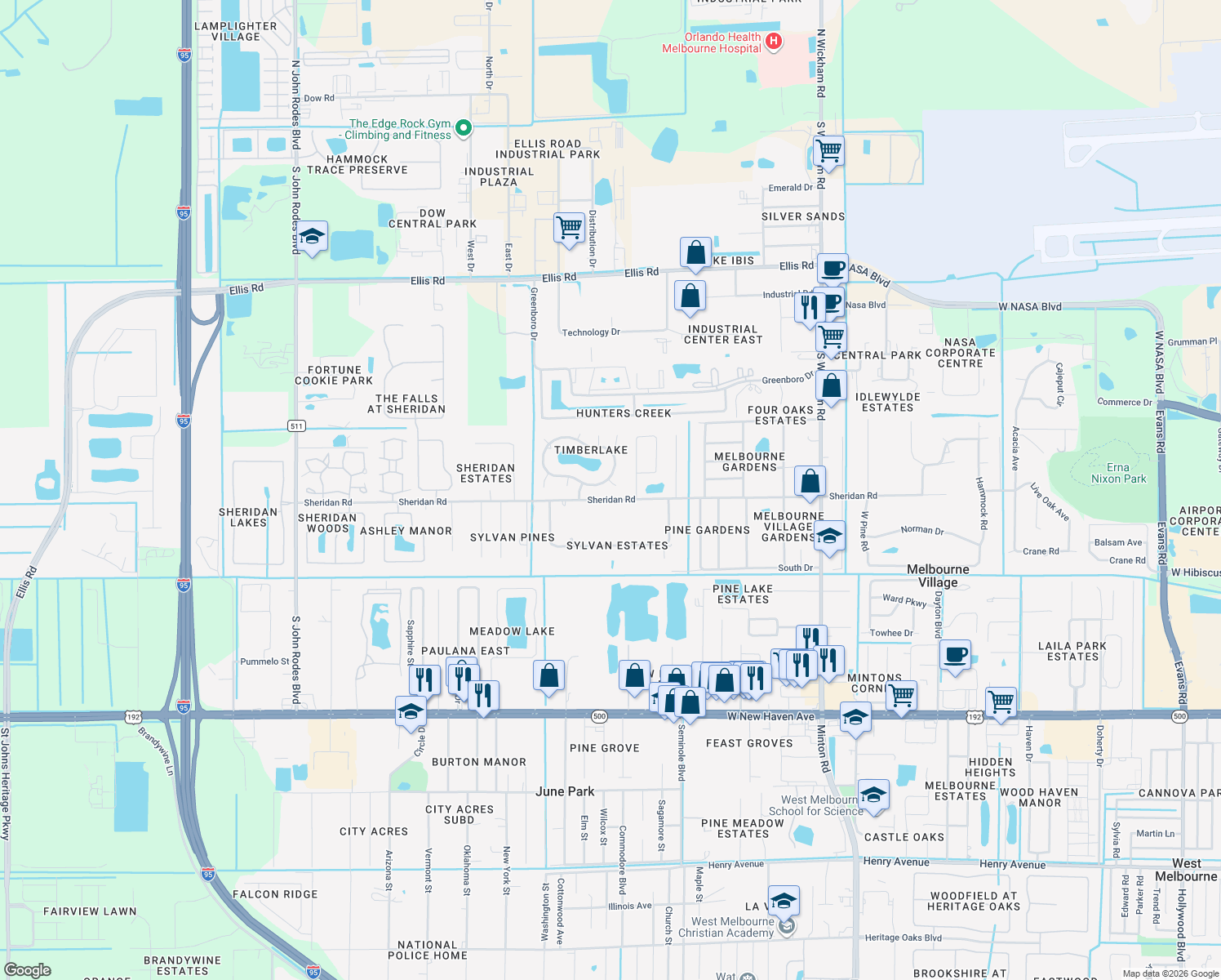 map of restaurants, bars, coffee shops, grocery stores, and more near 7906 Timberlake Drive in Melbourne