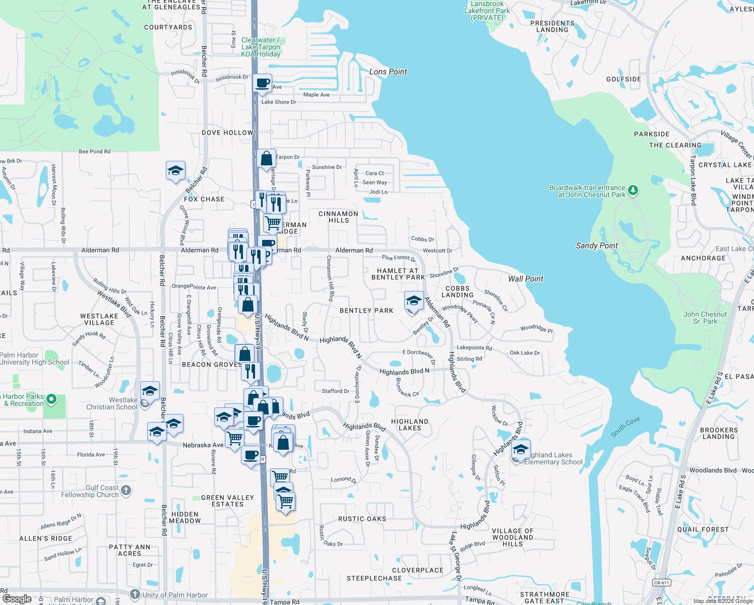 map of restaurants, bars, coffee shops, grocery stores, and more near 2351 Bentley Dr in Palm Harbor