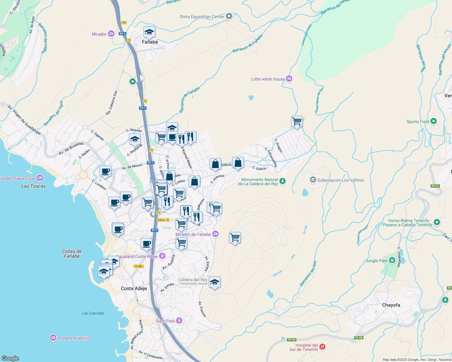 map of restaurants, bars, coffee shops, grocery stores, and more near 96 Calle Galicia in Costa Adeje