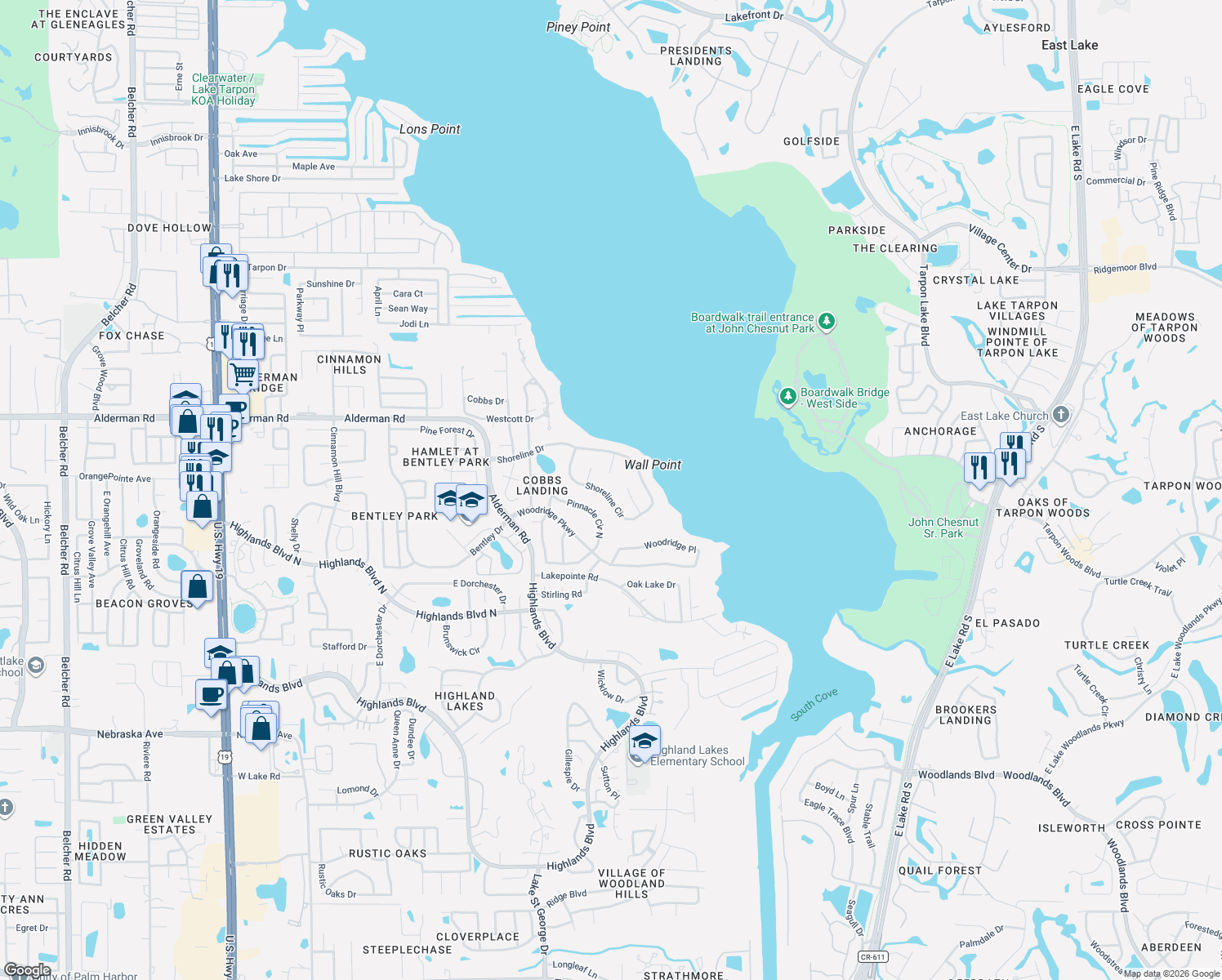 map of restaurants, bars, coffee shops, grocery stores, and more near 3543 Shoreline Cir in Palm Harbor