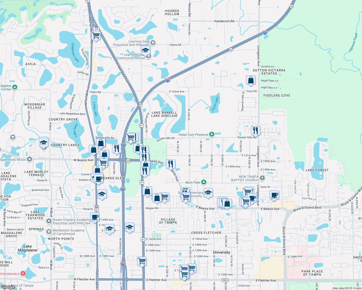 map of restaurants, bars, coffee shops, grocery stores, and more near 15229 North 13th Street in Lutz