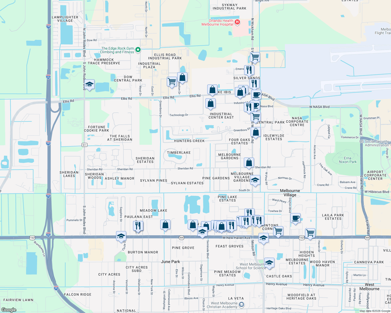 map of restaurants, bars, coffee shops, grocery stores, and more near 610 Dundee Circle in Melbourne