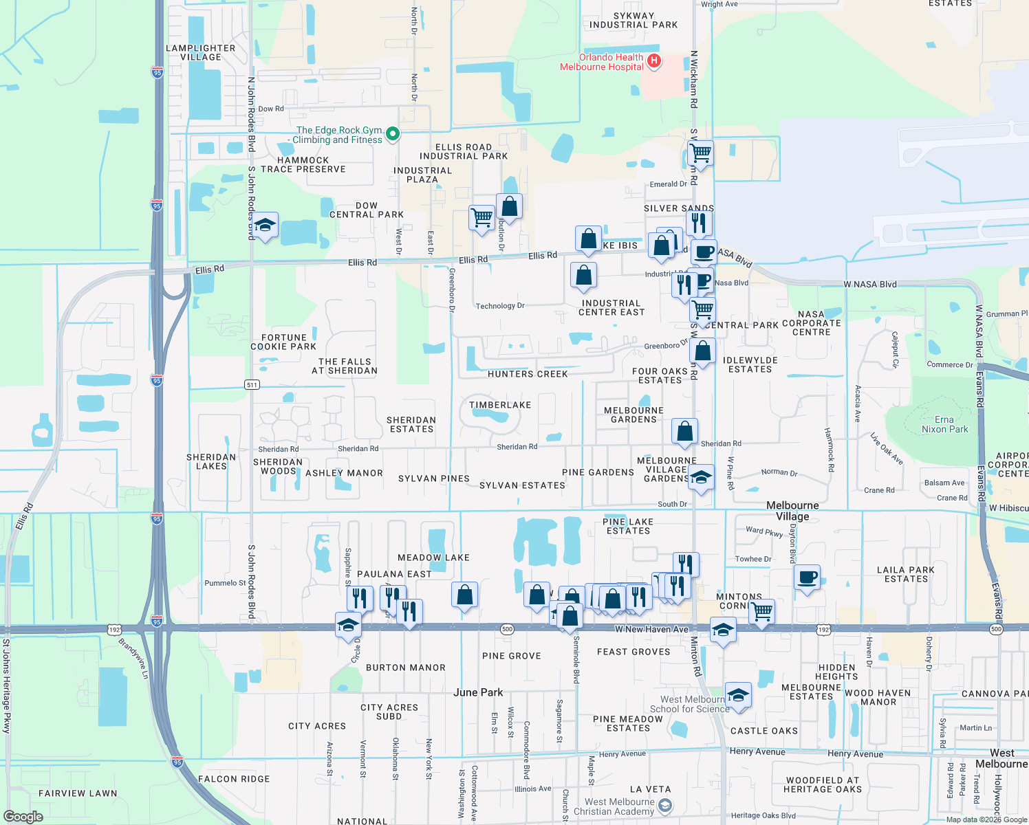 map of restaurants, bars, coffee shops, grocery stores, and more near 7917 Timberlake Drive in Melbourne