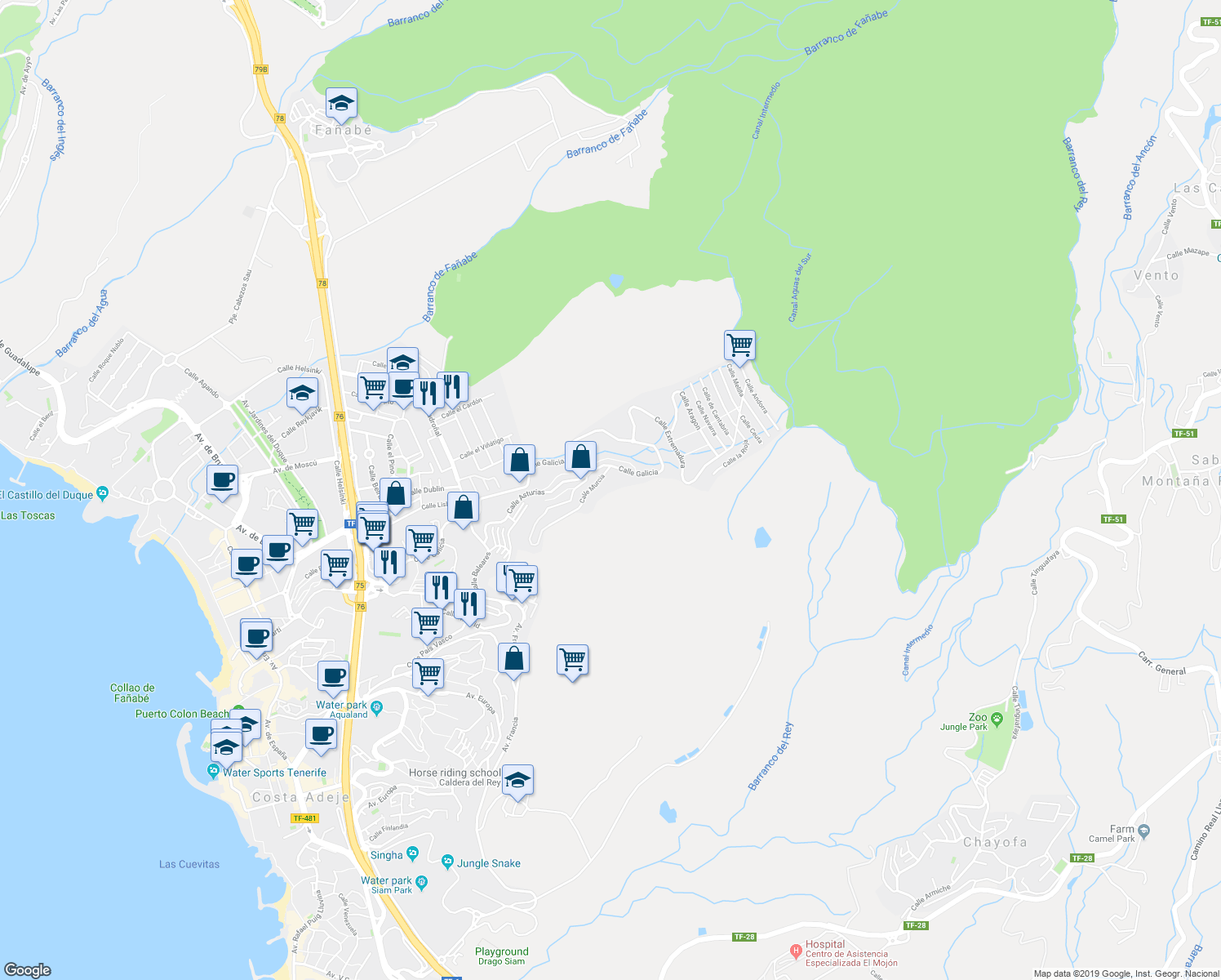 map of restaurants, bars, coffee shops, grocery stores, and more near 3 Calle Murcia in Costa Adeje