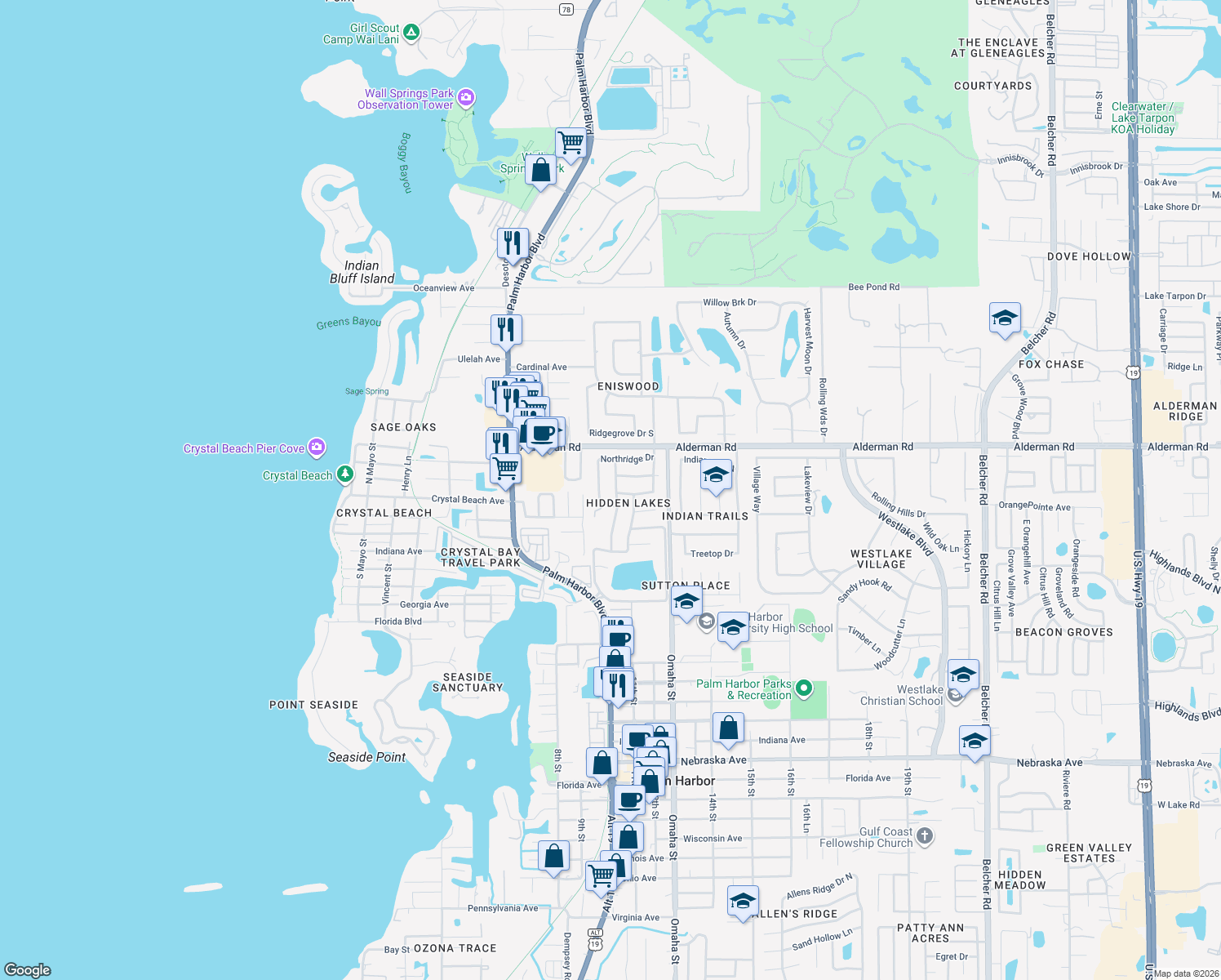 map of restaurants, bars, coffee shops, grocery stores, and more near 2554 Rolling Oaks Drive in Palm Harbor