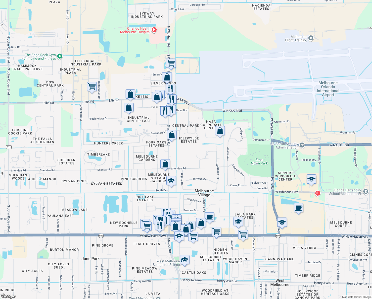 map of restaurants, bars, coffee shops, grocery stores, and more near 678 West Pine Road in Melbourne