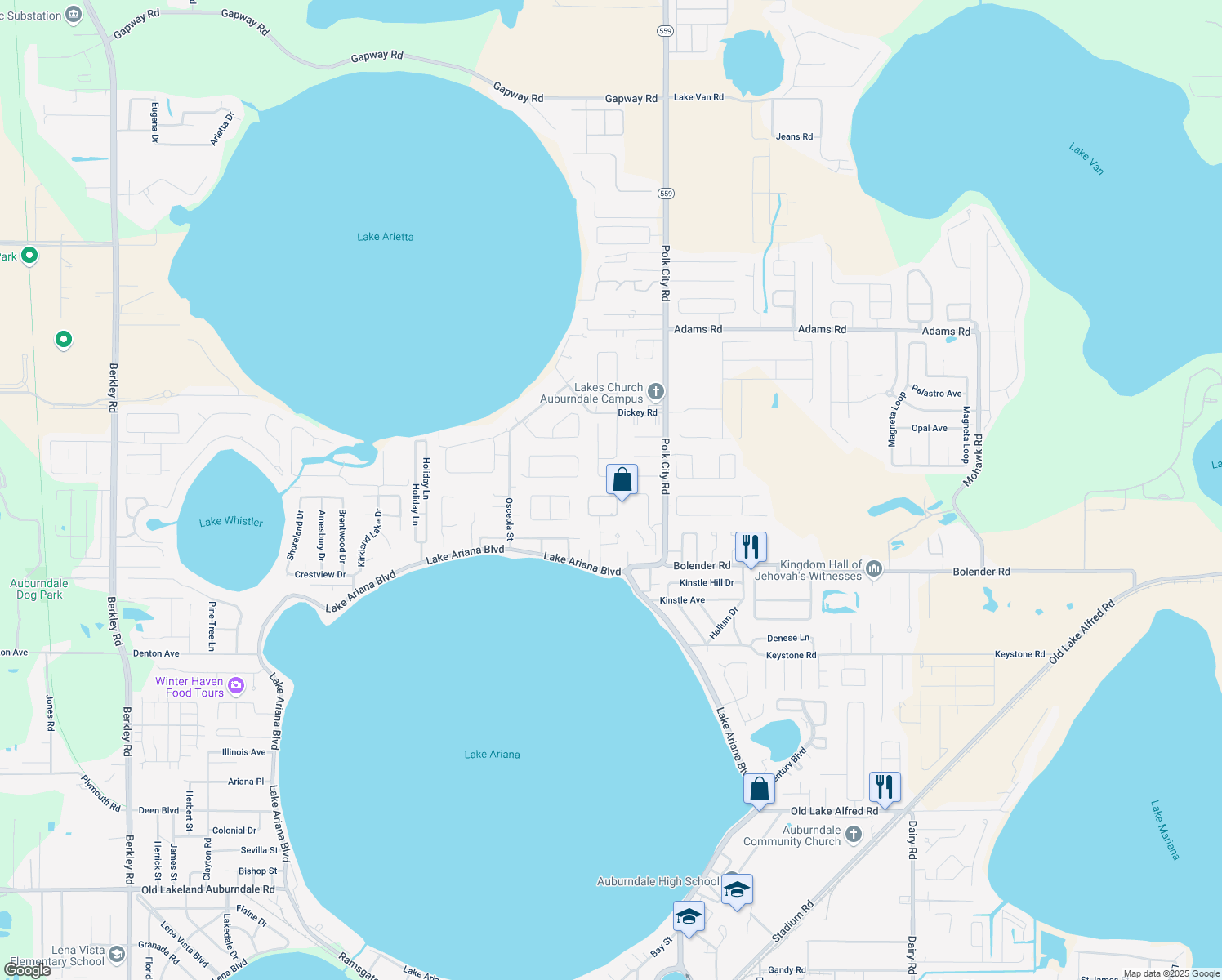 map of restaurants, bars, coffee shops, grocery stores, and more near 1525 Auburn Oaks Cir in Auburndale