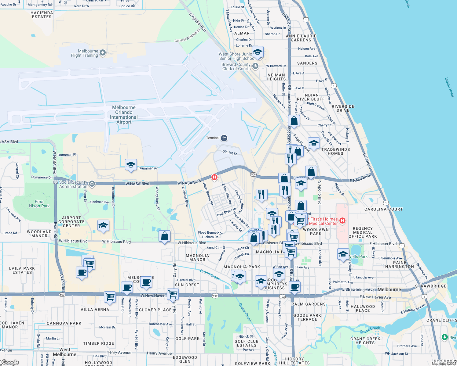map of restaurants, bars, coffee shops, grocery stores, and more near 1101 Sleepy Hollow Road in Melbourne