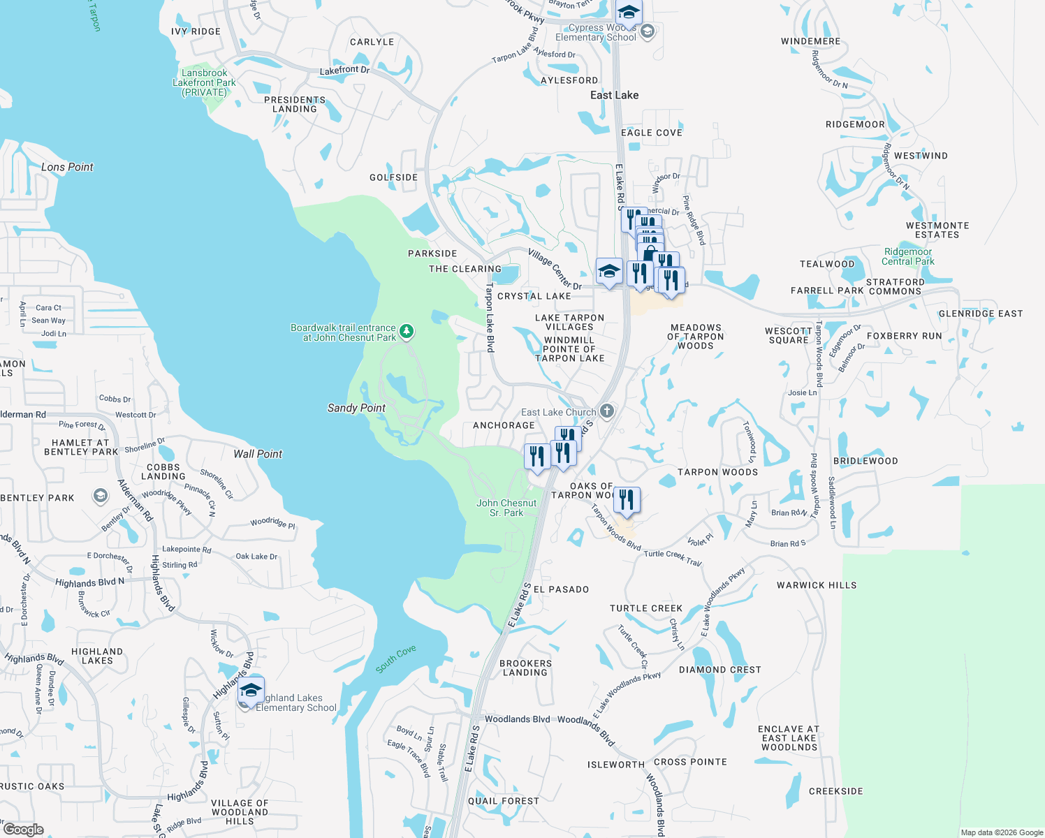 map of restaurants, bars, coffee shops, grocery stores, and more near 2309 Forecastle Drive in Palm Harbor