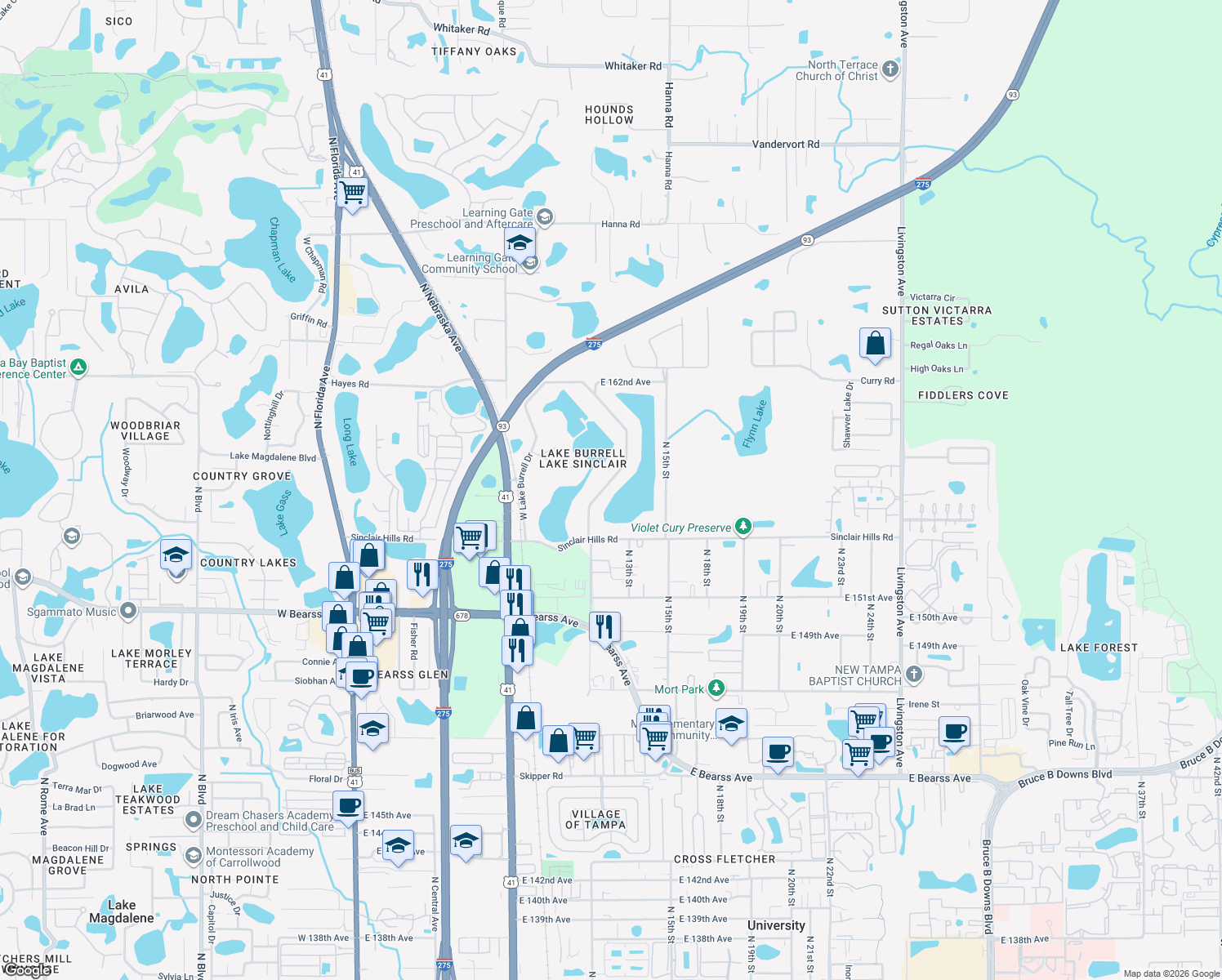 map of restaurants, bars, coffee shops, grocery stores, and more near 15421 East Lake Burrell Drive in Lutz