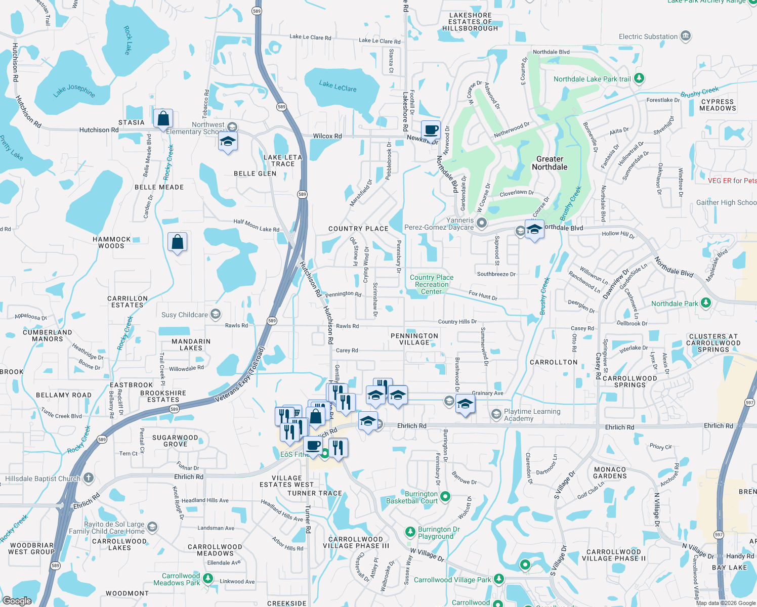 map of restaurants, bars, coffee shops, grocery stores, and more near 15853-15891 Scrimshaw Drive in Greater Northdale