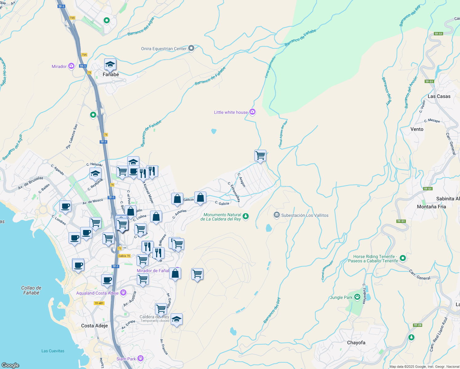 map of restaurants, bars, coffee shops, grocery stores, and more near 39 Calle Extremadura in Costa Adeje