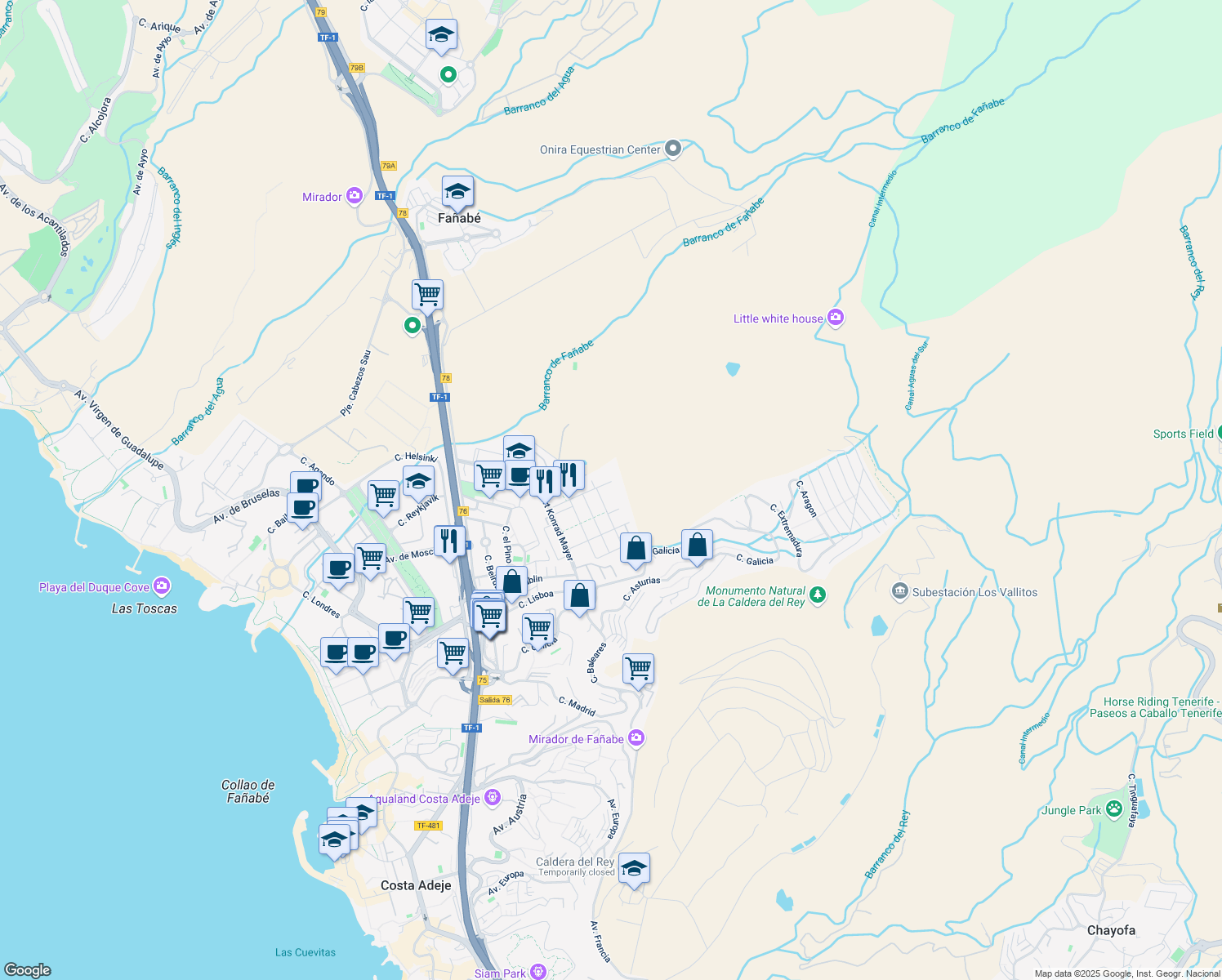 map of restaurants, bars, coffee shops, grocery stores, and more near 1 Calle el Acebuche in Costa Adeje
